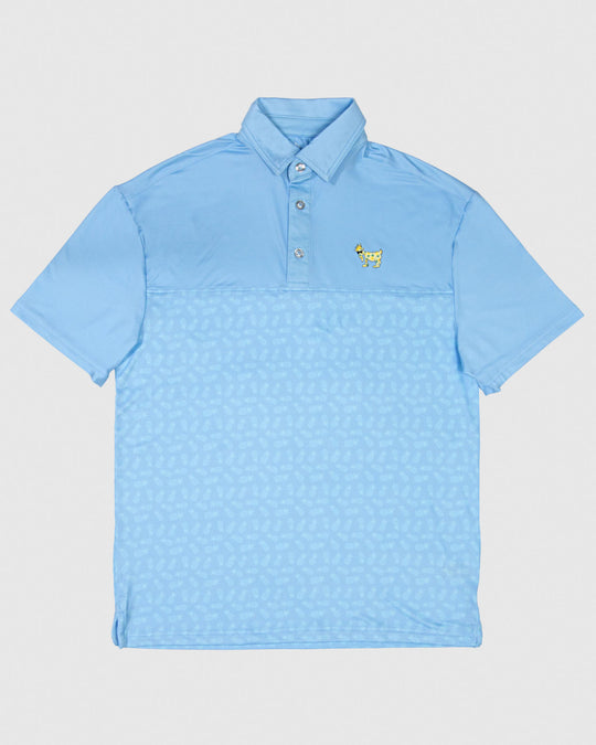 Blue polo with pinenapple goat and subtle pineapple print