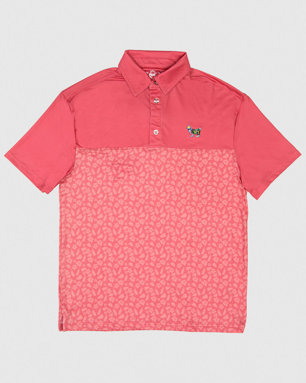 Salmon polo with vacation goat and subtle floral print