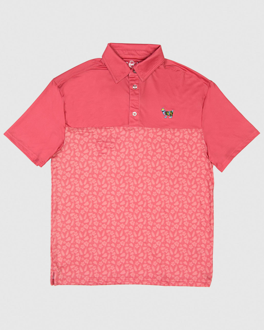 Salmon polo with vacation goat and subtle floral print