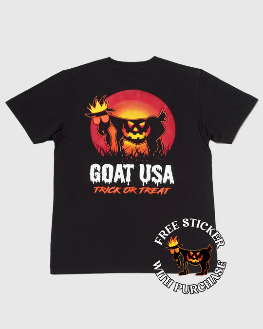 Back of black t-shirt with jack-o-lantern goat design