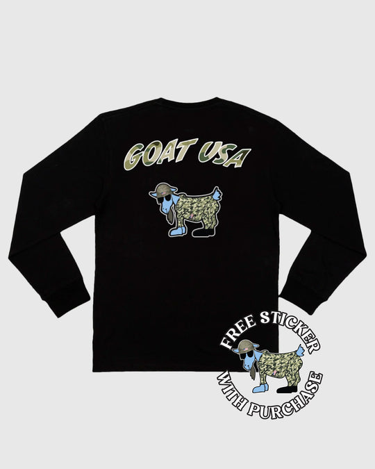 Black long sleeve with army goat and camo pattern text