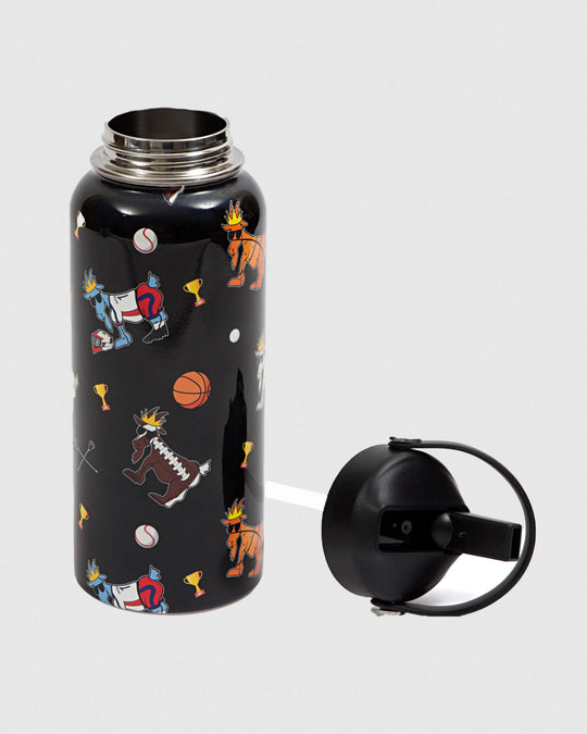 Black water bottle with sports related items and goats with the top unscrewed