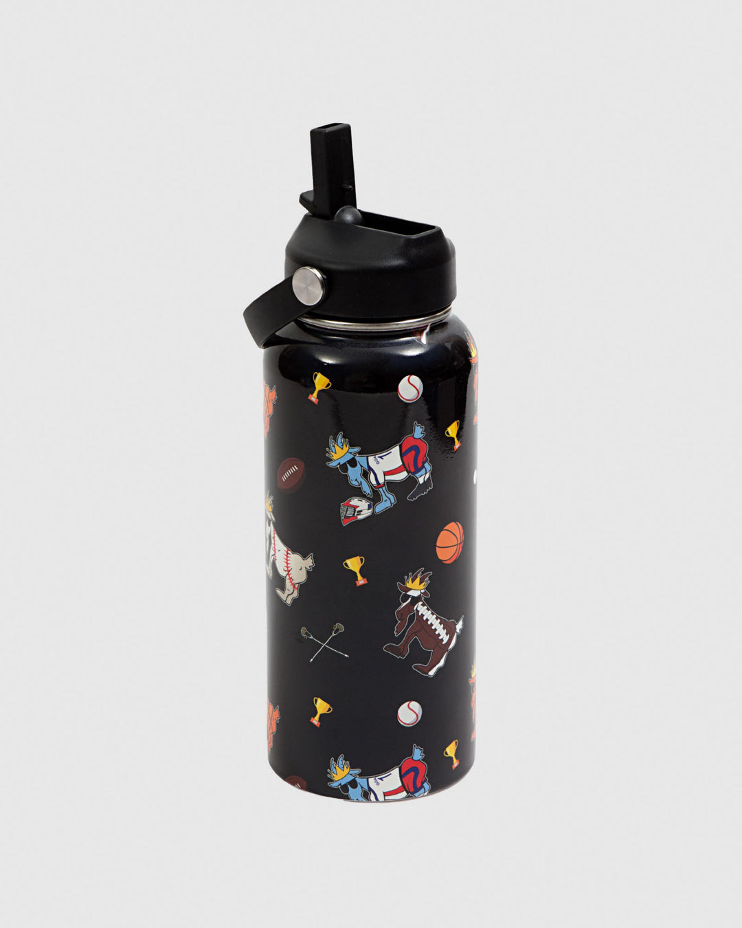 Black water bottle with sports related items and goats with the straw up