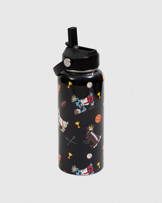 Black water bottle with sports related items and goats with the straw up