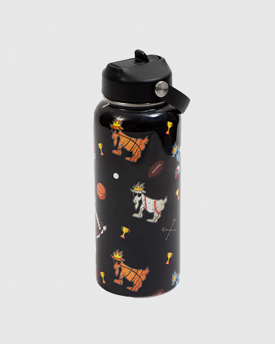 Black water bottle with sports related items and goats