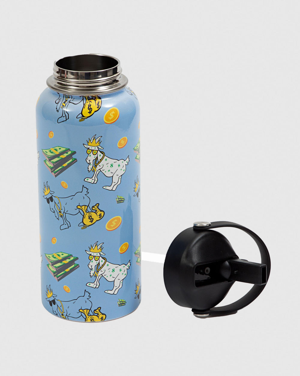 Blue water bottle with cash, coins and goats with the top unscrewed