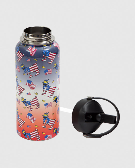 Water bottle with American flags and goats with cap off