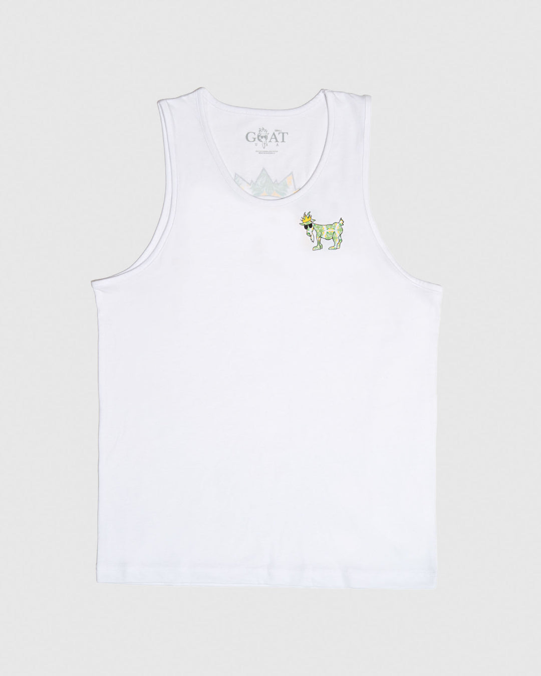 Frontside of white tank top with yellow/green floral goat