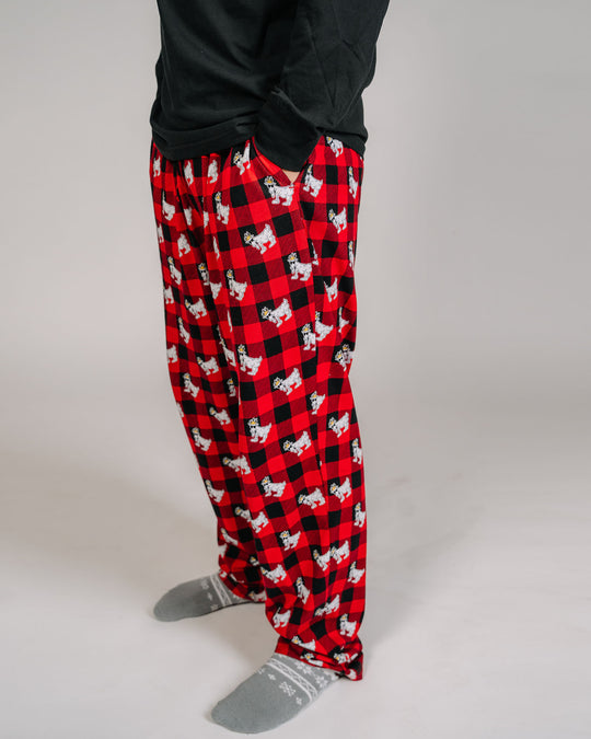 Model wearing buffalo check pajama pants