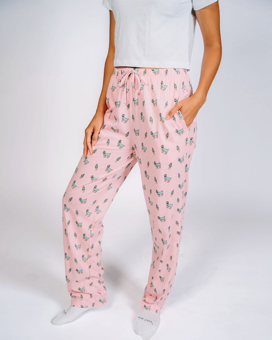 Female model in pink ice cream goat pajama pants - bottoms only