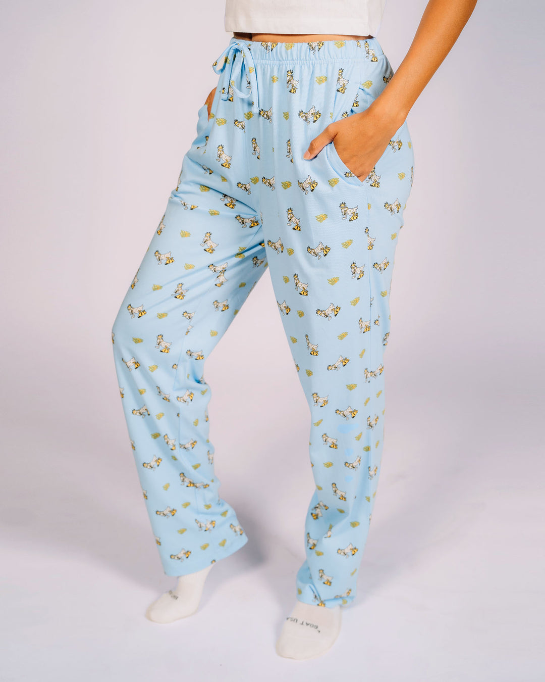 Female model posing in blue cash money goat pajama pants - bottoms only