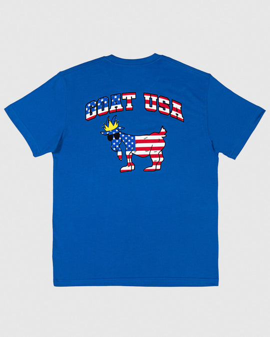 Royal t-shirt with American flag lettering and goat