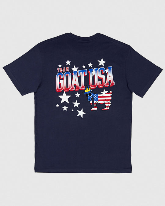 Navy shirt with stars and American flag goat